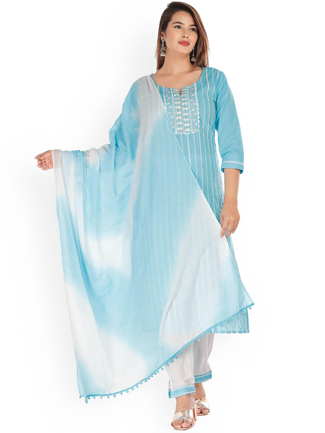 

HIGHLIGHT FASHION EXPORT Ethnic Motif Embroidered Thread Work Kurta & Trousers & Dupatta, Blue