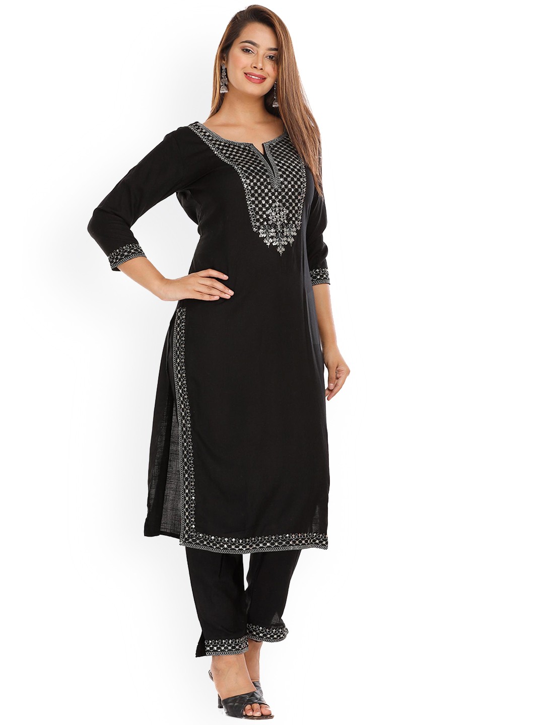 

HIGHLIGHT FASHION EXPORT Floral Yoke Design Round Neck Straight Kurta With Trouser, Black