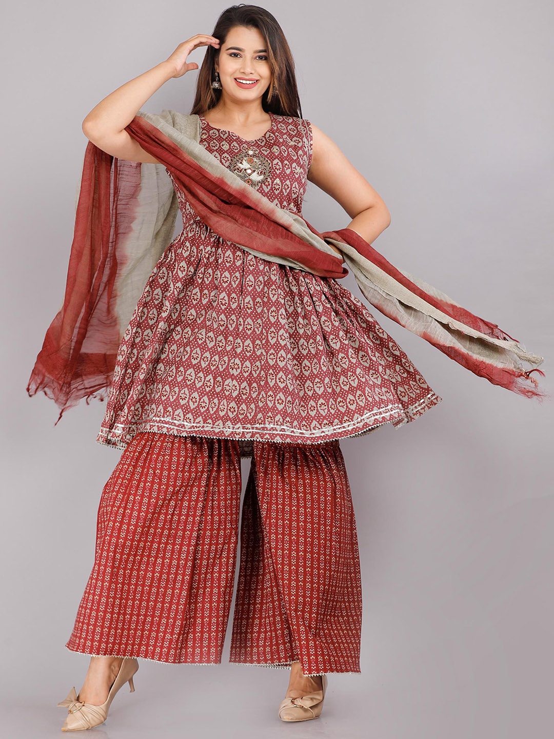 

HIGHLIGHT FASHION EXPORT Floral Printed Anarkali Gotta Patti Kurta With Sharara & Dupatta, Maroon