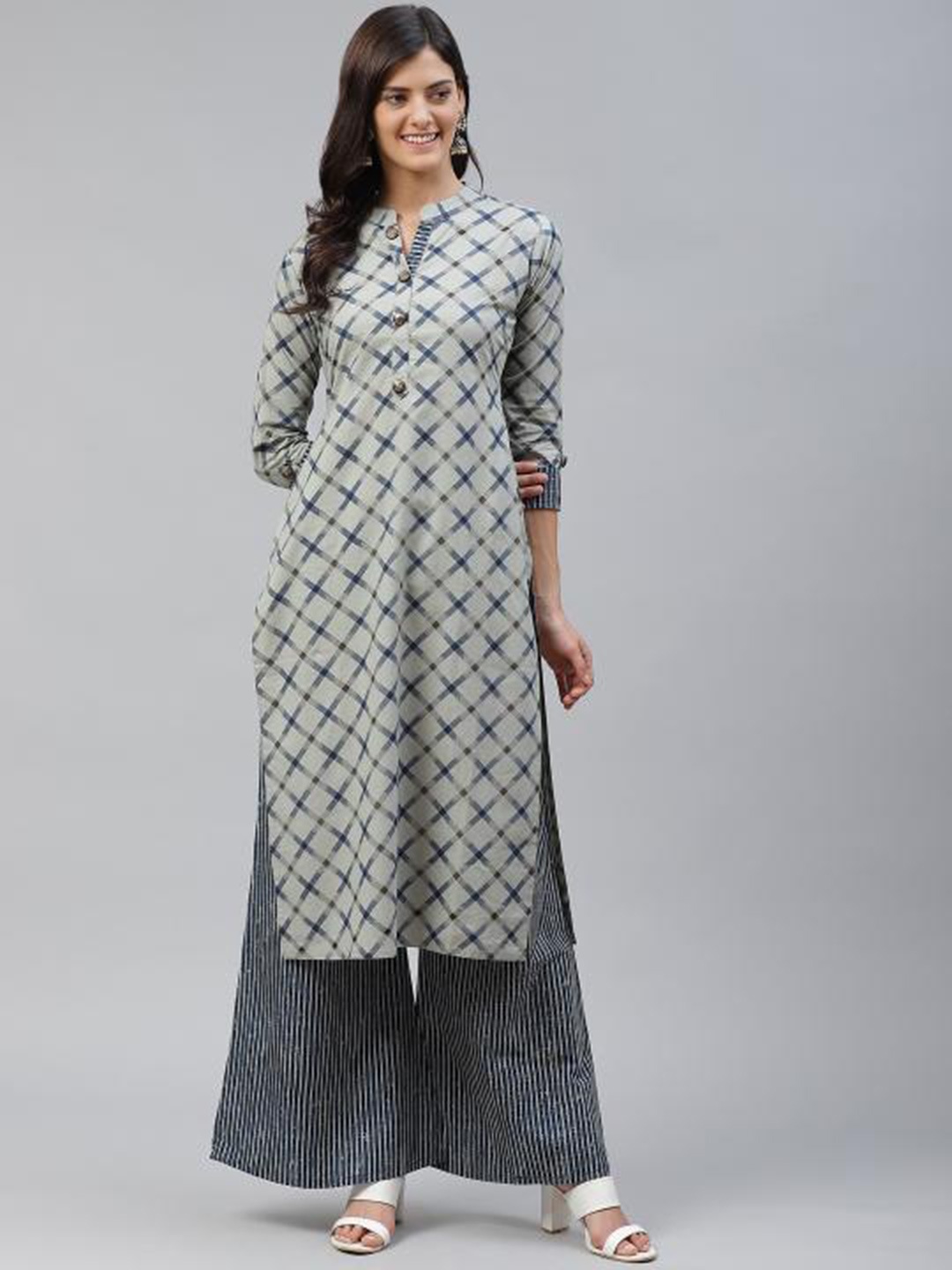 

HIGHLIGHT FASHION EXPORT Checked Printed Regular Kurta With Palazzo, Grey