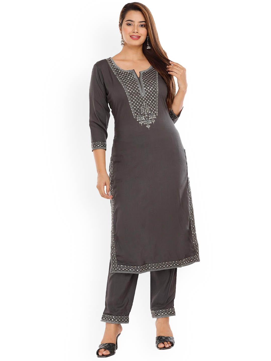 

HIGHLIGHT FASHION EXPORT Ethnic Motifs Yoke Design Sequinned Kurta With Trouser, Grey