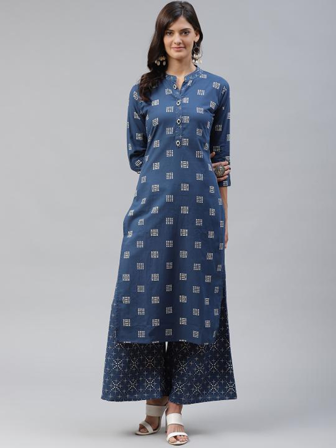 

HIGHLIGHT FASHION EXPORT Geometric Printed Mandarin Collar Straight Kurta with Palazzos, Blue