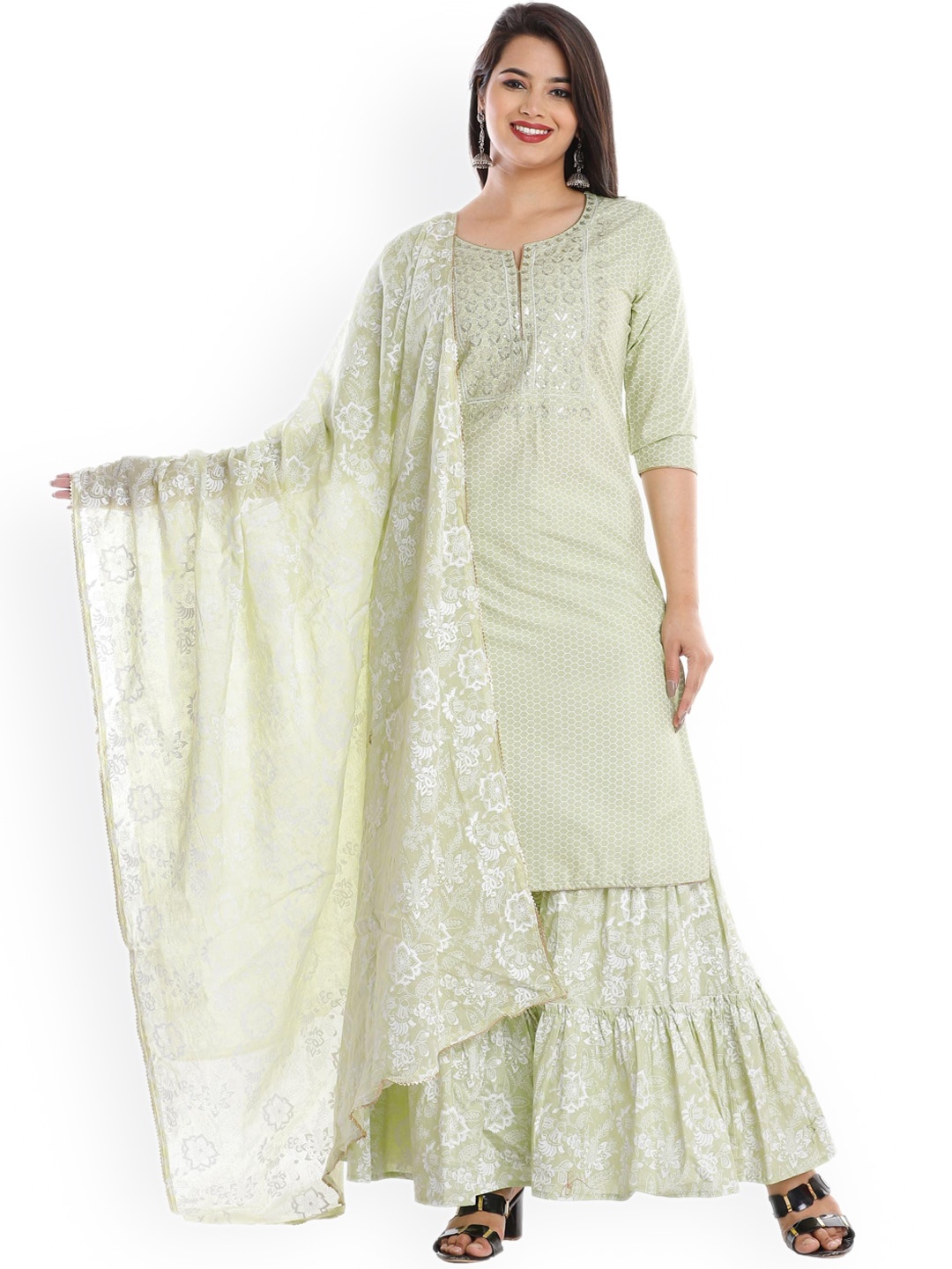 

HIGHLIGHT FASHION EXPORT Geometric Printed Straight Kurta with Sharara & With Dupatta, Green