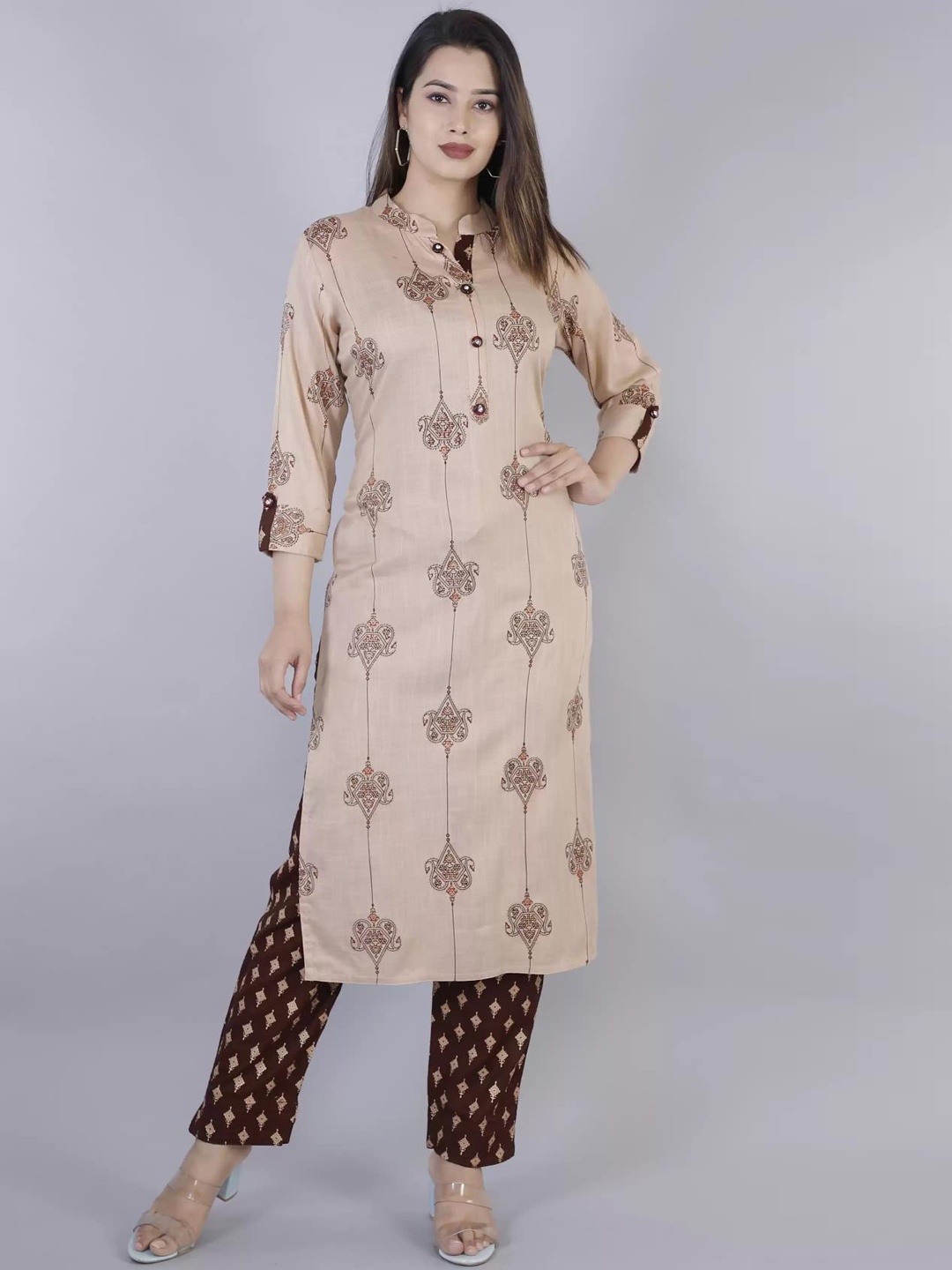 

HIGHLIGHT FASHION EXPORT Ethnic Motifs Printed Regular Kurta with Trousers, Beige