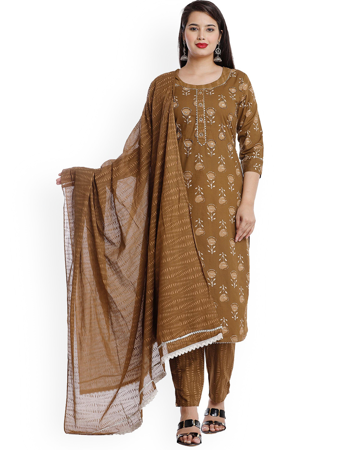 

HIGHLIGHT FASHION EXPORT Floral Printed Kurta With Trousers & Dupatta, Brown