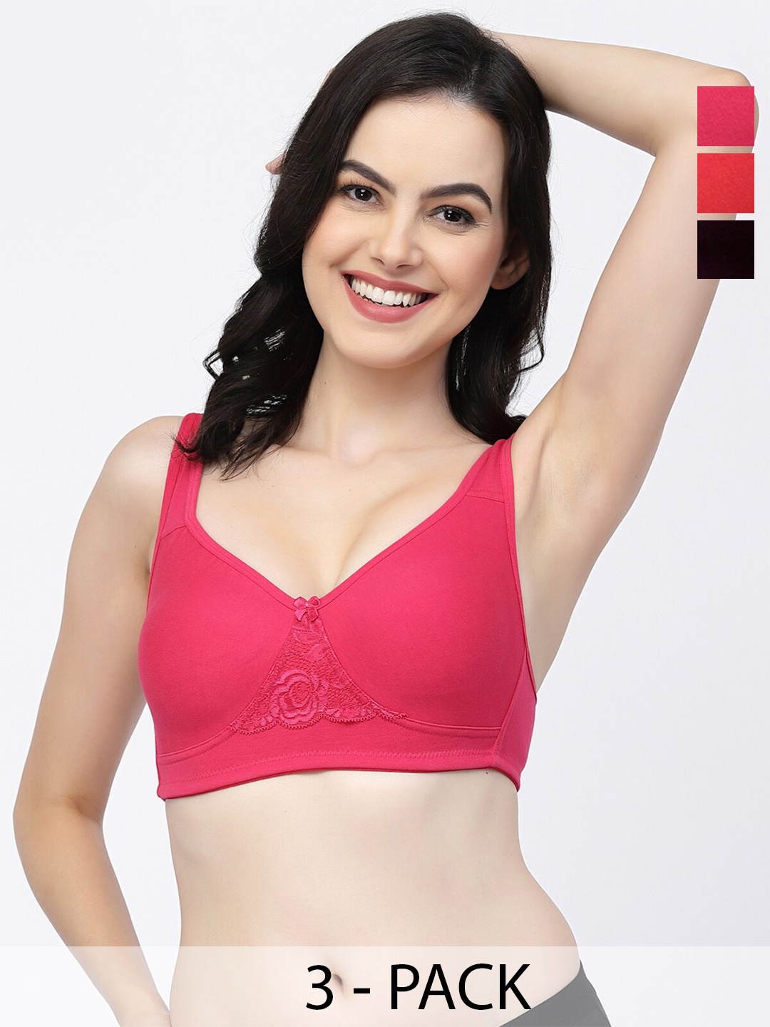 

College Girl Pack Of 3 Full Coverage Lightly Padded Cotton T-shirt Bra- All Day Comfort, Pink