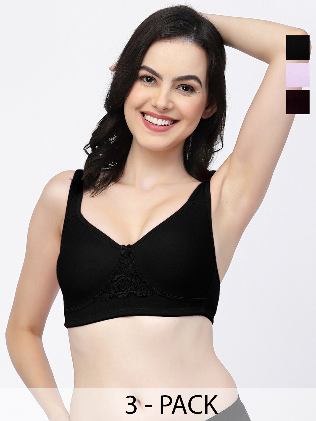 

College Girl Pack Of 3 Non-Wired Lightly Padded Cotton T-shirt Bra With All Day Comfort, Black