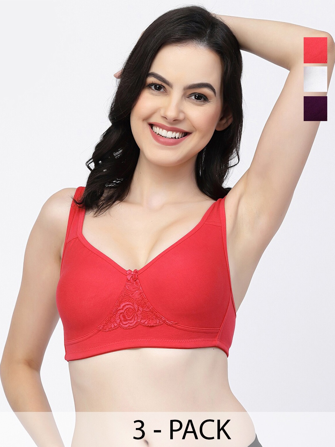 

College Girl Pack Of 3 Full Coverage Cotton T-shirt Bra With All Day Comfort, Red