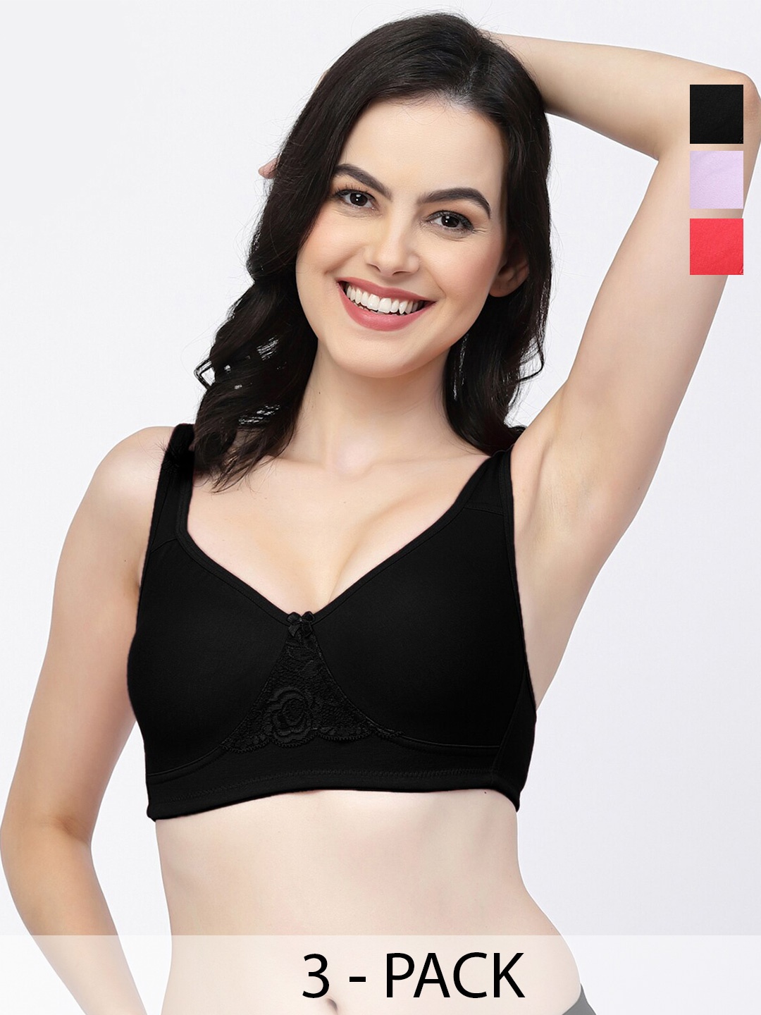 

College Girl Pack of 3 Lightly Padded Cotton T Shirt Bras With All Day Comfort, Black