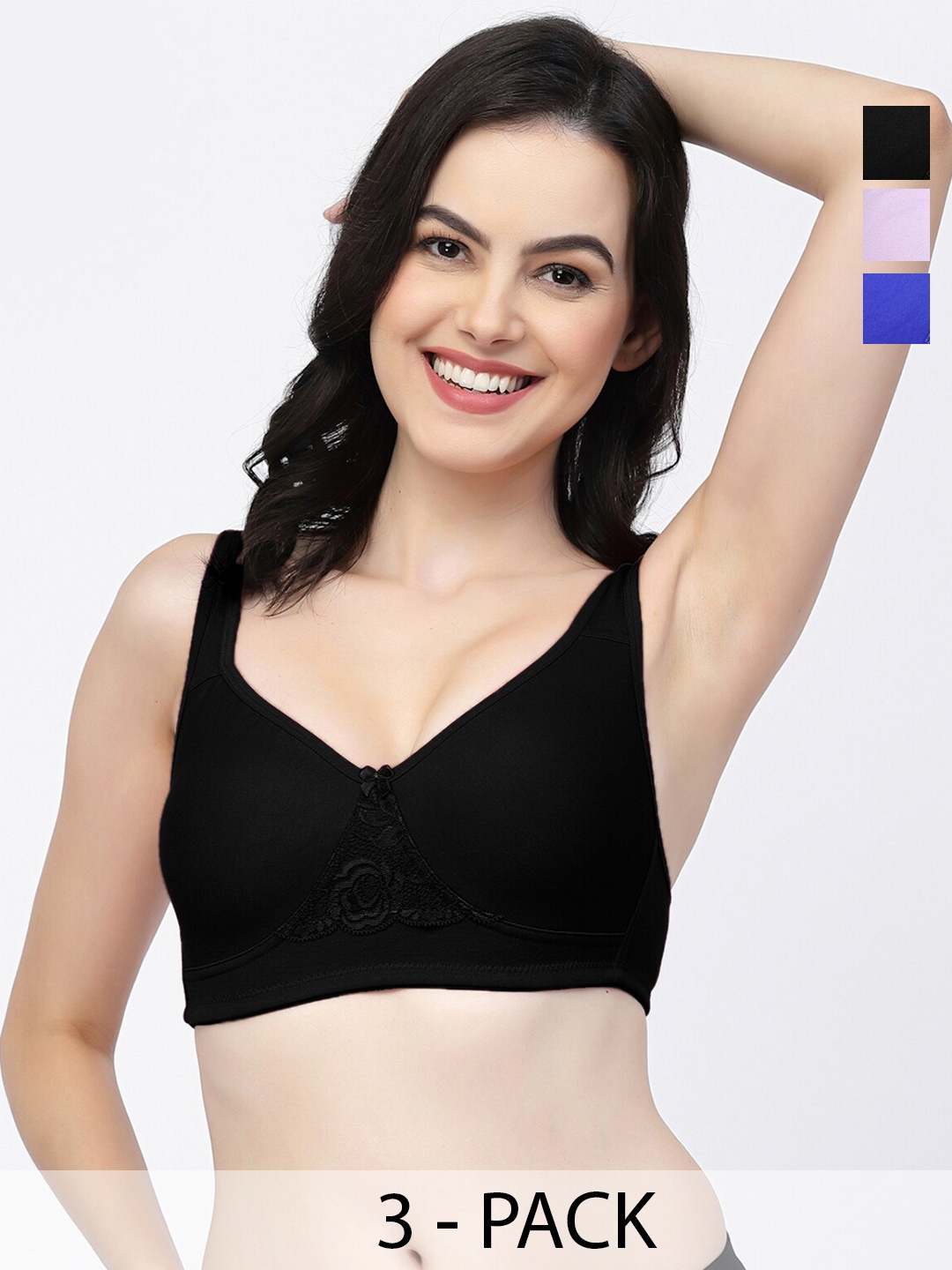 

College Girl Pack Of 3 Full Coverage Cotton T-shirt Bra With All Day Comfort, Black
