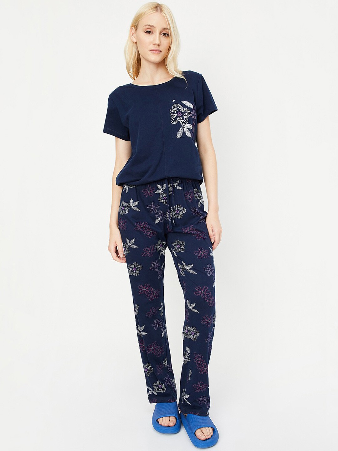 

max Floral Printed Pure Cotton Night suit, Navy blue