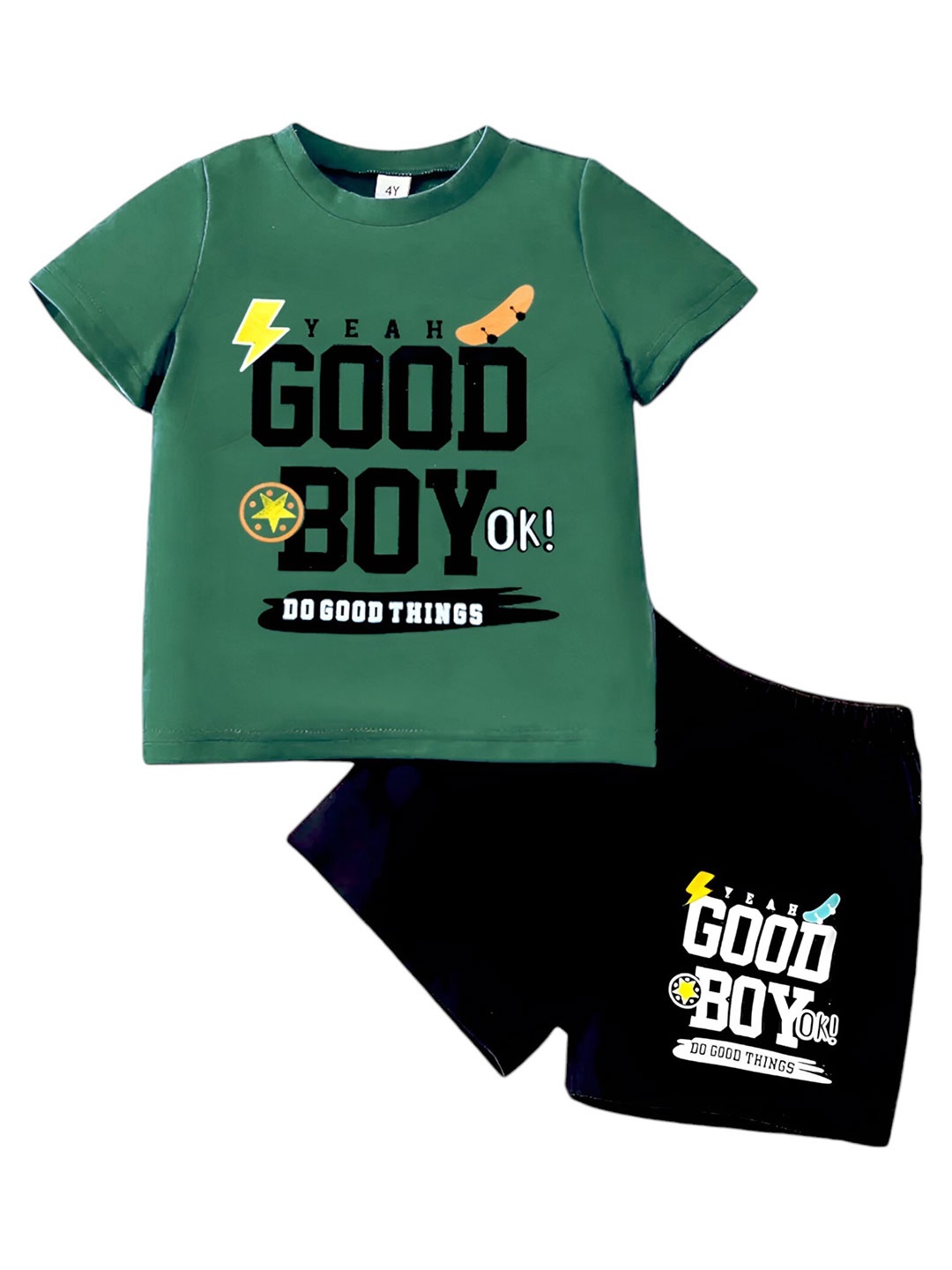 

BAESD Boys Typography Printed Pure Cotton T-shirt with Shorts, Green