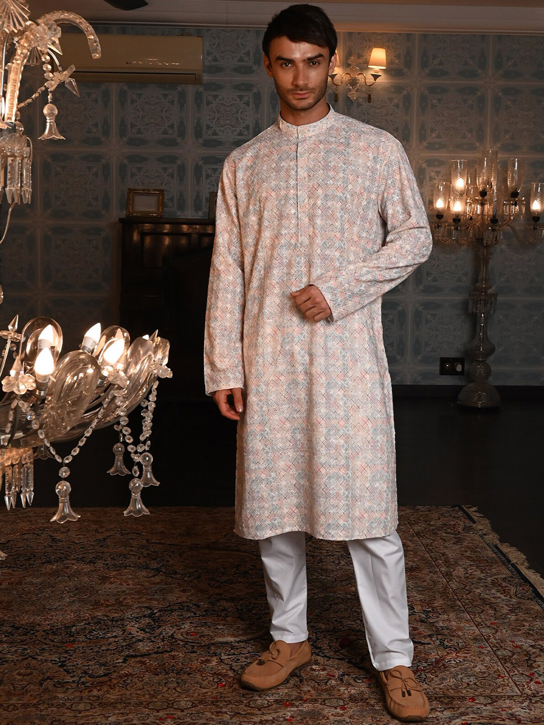 

ODETTE Floral Embroidered Regular Straight Kurta With Pyjamas, Peach
