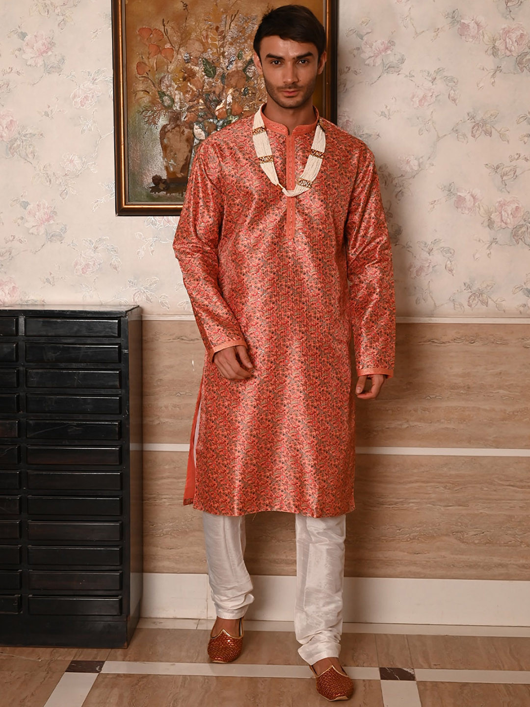 

ODETTE Ethnic Motifs Mandarin Collar Long Sleeves Straight Kurta with Pyjama, Orange
