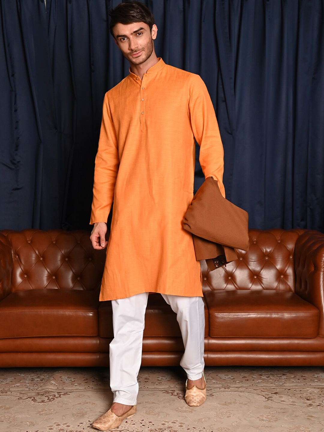 

ODETTE Regular Mandarin Collar Kurta with Pyjama, Mustard