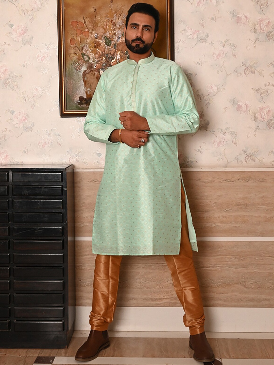 

ODETTE Regular Mandarin Collar Kurta with Pyjama, Sea green