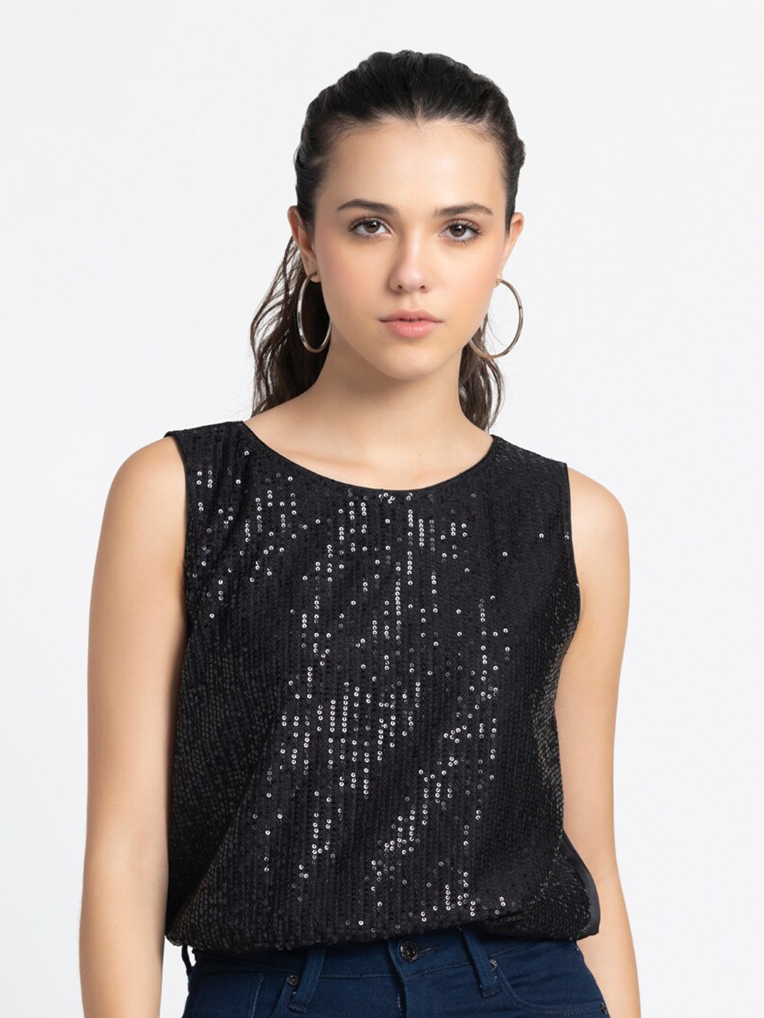 

SHAYE Embellished Sequinned Sleeveless Satin Top, Black