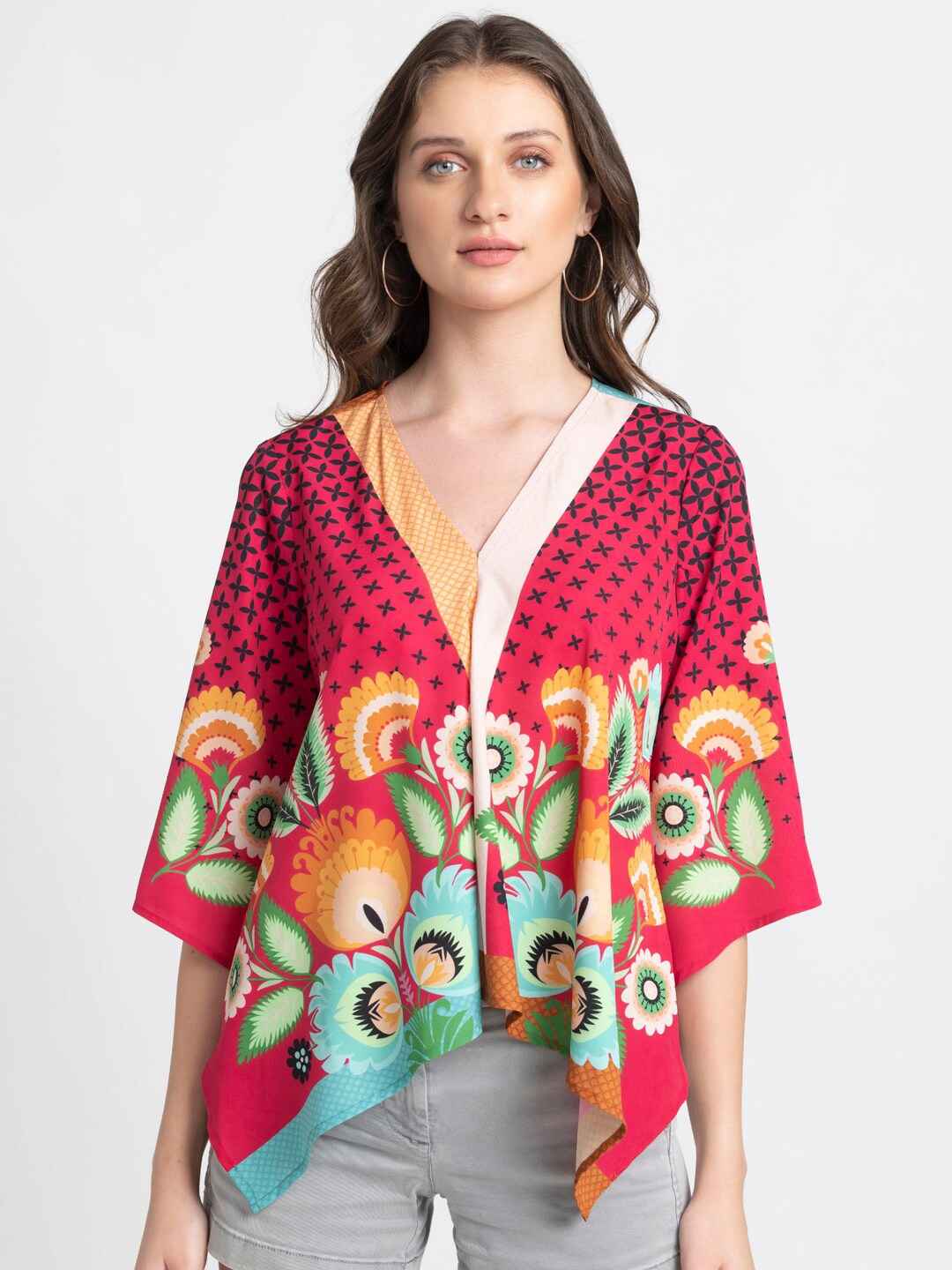 

SHAYE Floral Printed Flared Sleeves Crepe Kaftan Top, Pink