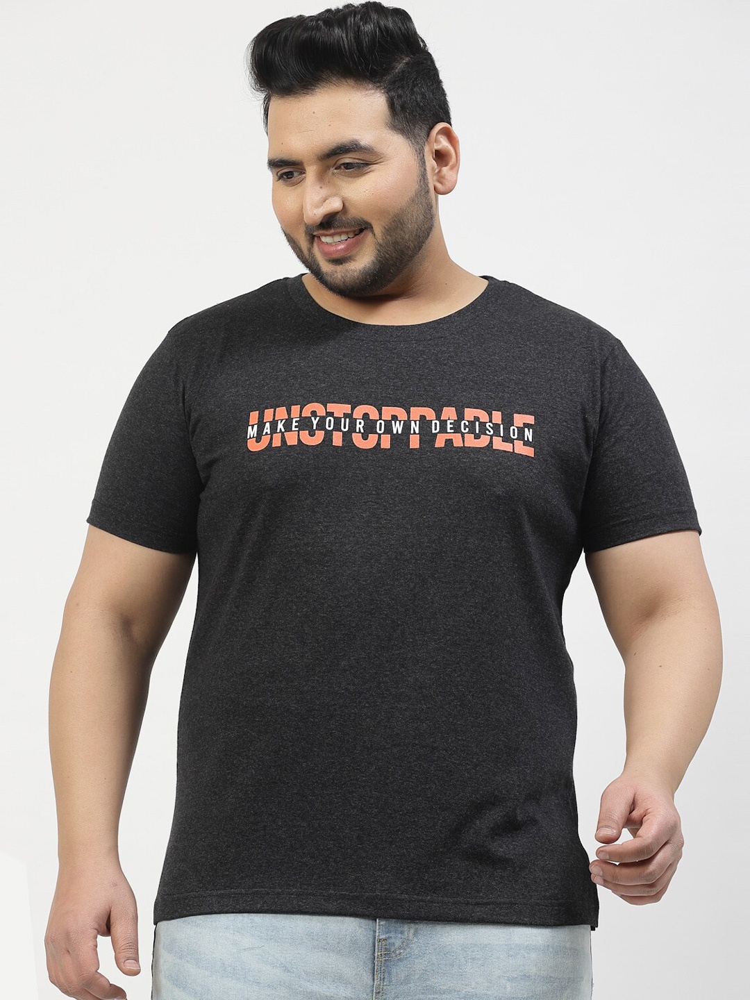 

plusS Plus Size Typography Printed Round Neck Short Sleeves Cotton T-shirt, Charcoal