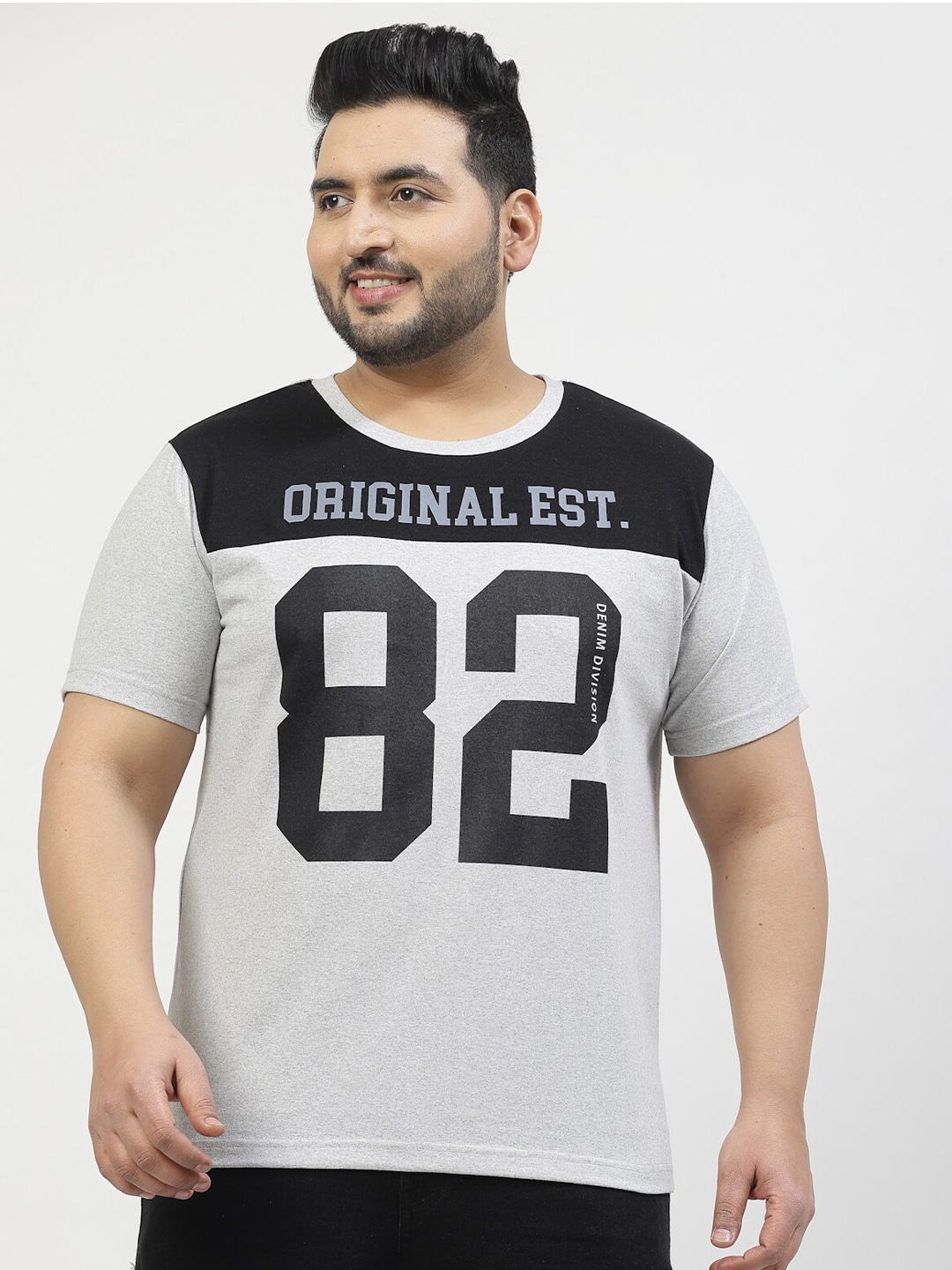 

plusS Plus Size Varsity Printed Round Neck Short Sleeves Cotton T-shirt, Grey
