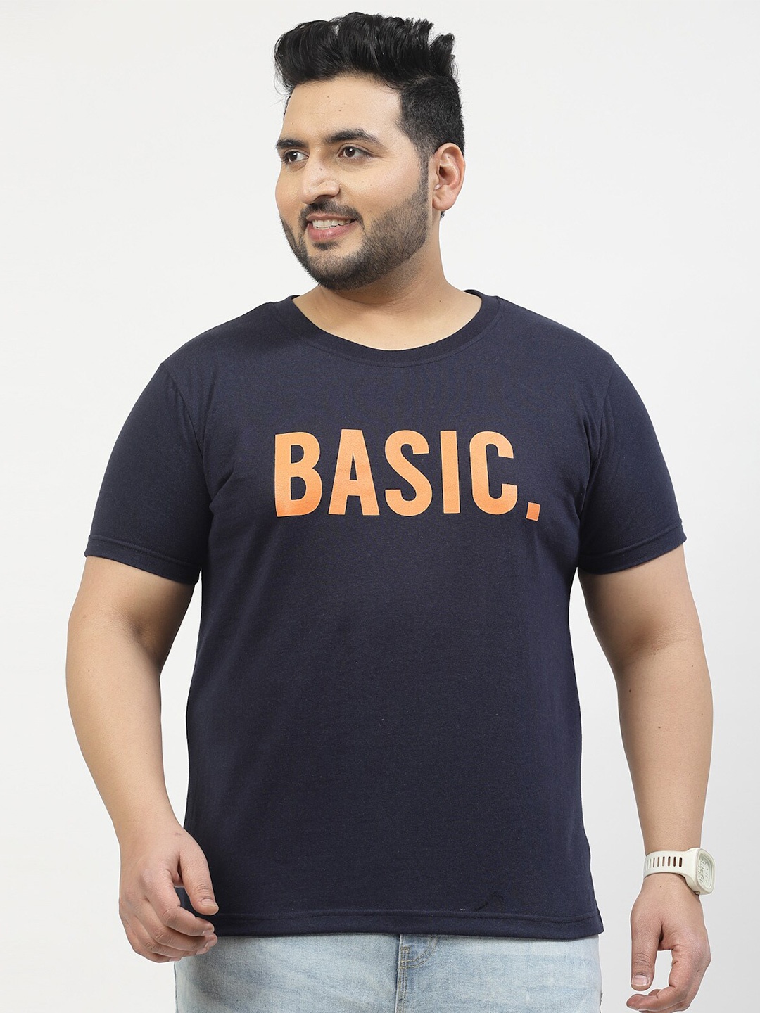

plusS Plus Size Typography Printed Round Neck Short Sleeves Cotton T-shirt, Navy blue