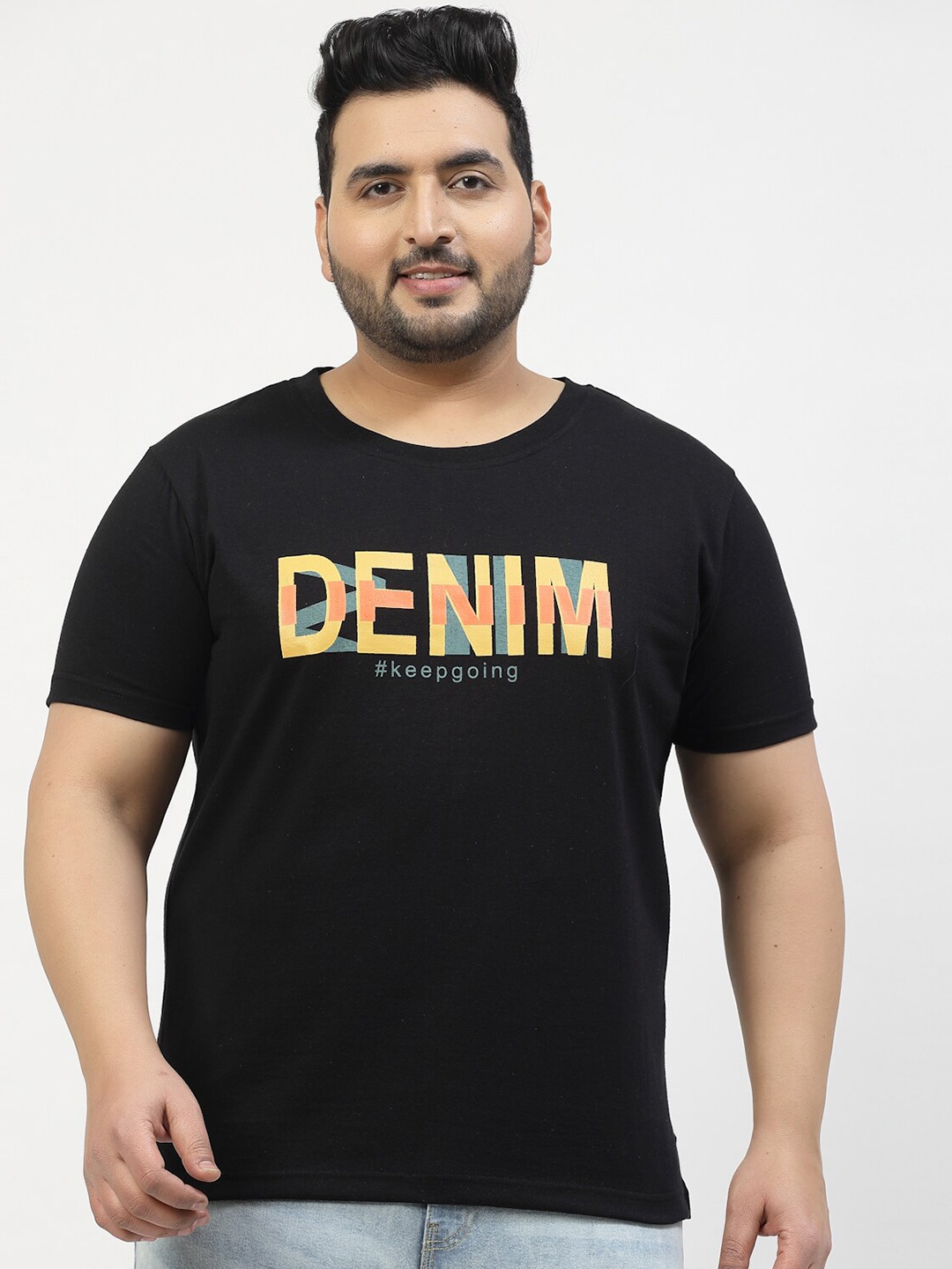 

plusS Plus Size Typography Printed Round Neck Short Sleeves Cotton T-shirt, Black