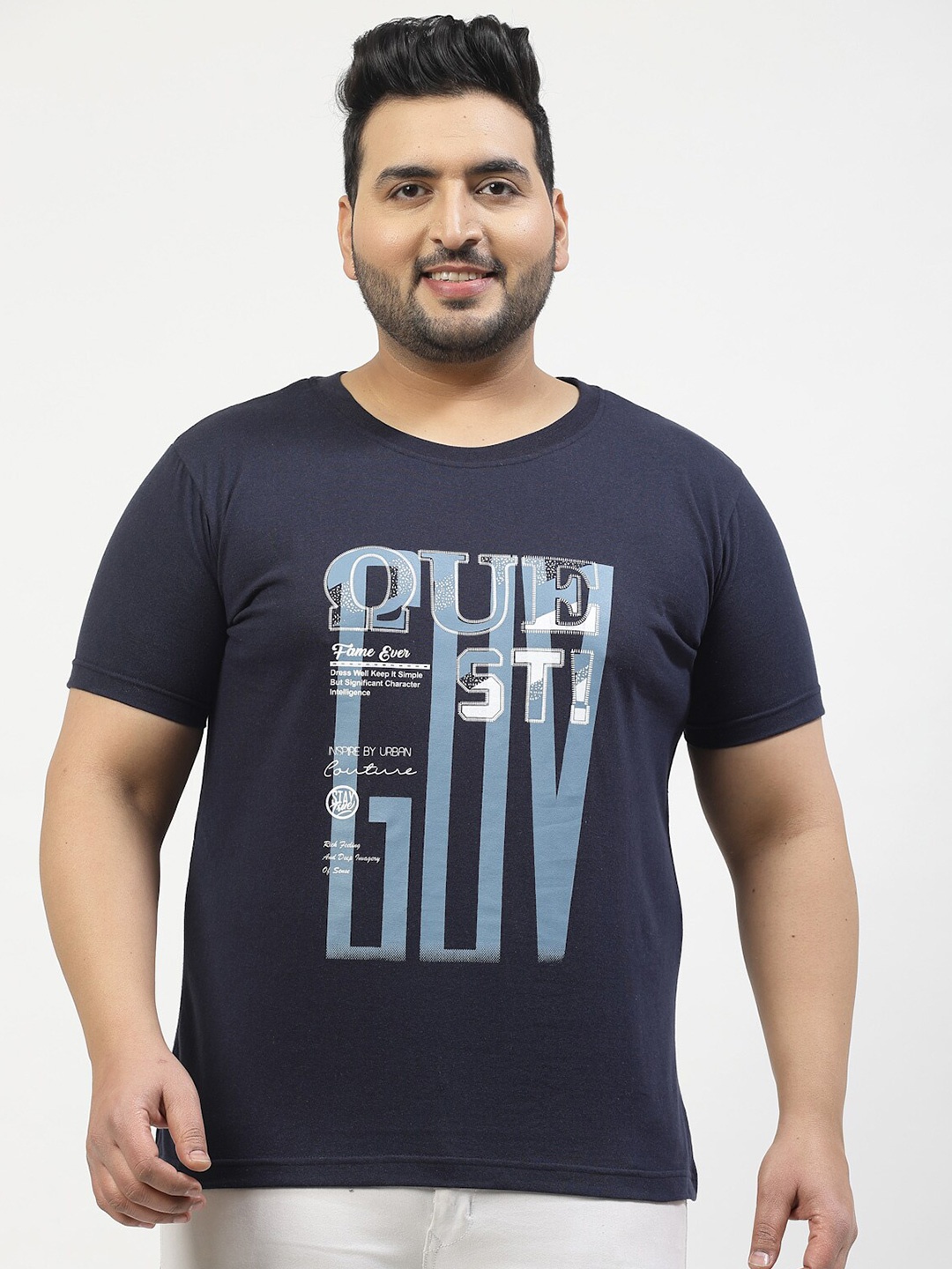 plusS Plus Size Typography Printed Round Neck Short Sleeves Cotton T-shirt, Navy blue