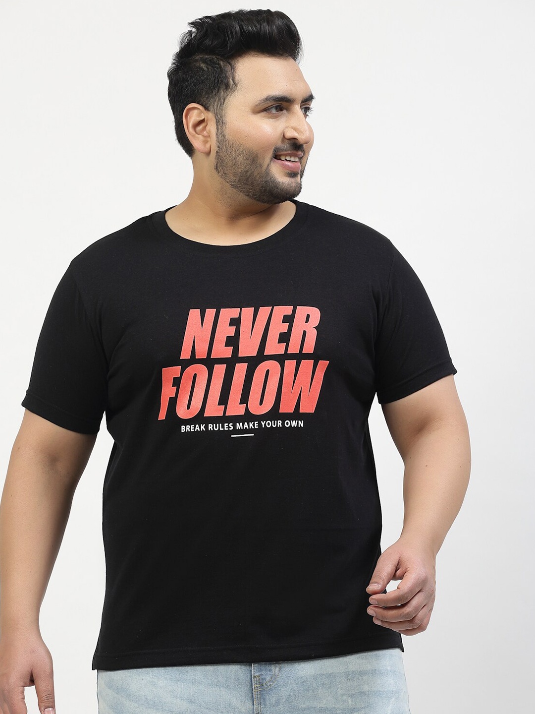 plusS Plus Size Typography Printed Round Neck Short Sleeves Cotton T-shirt, Black