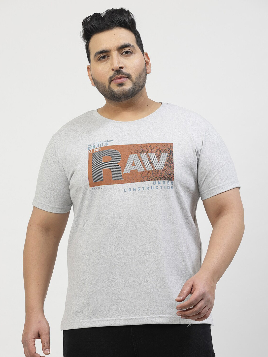 

plusS Plus Size Typography Printed Round Neck Short Sleeves Cotton T-shirt, Grey