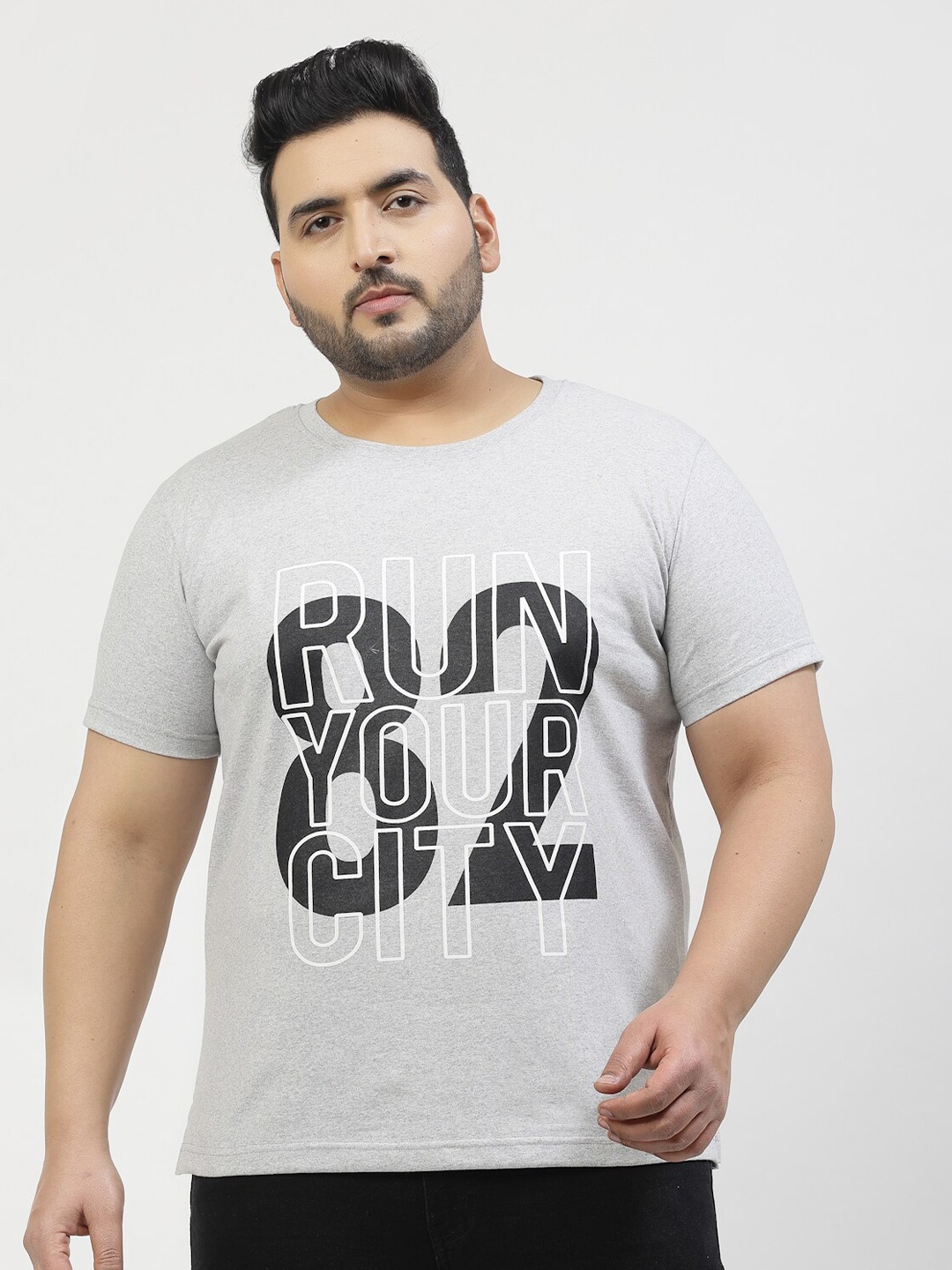 

plusS Plus Size Typography Printed Round Neck Short Sleeves Cotton T-shirt, Grey