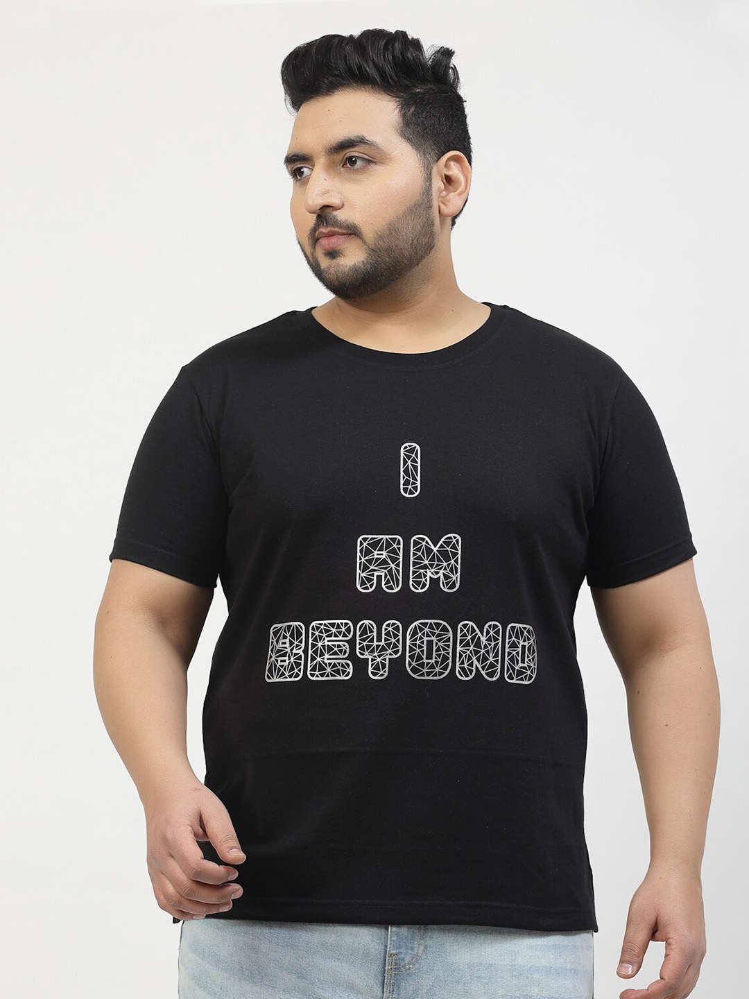 

plusS Plus Size Typography Printed Round Neck Short Sleeves Cotton T-shirt, Black