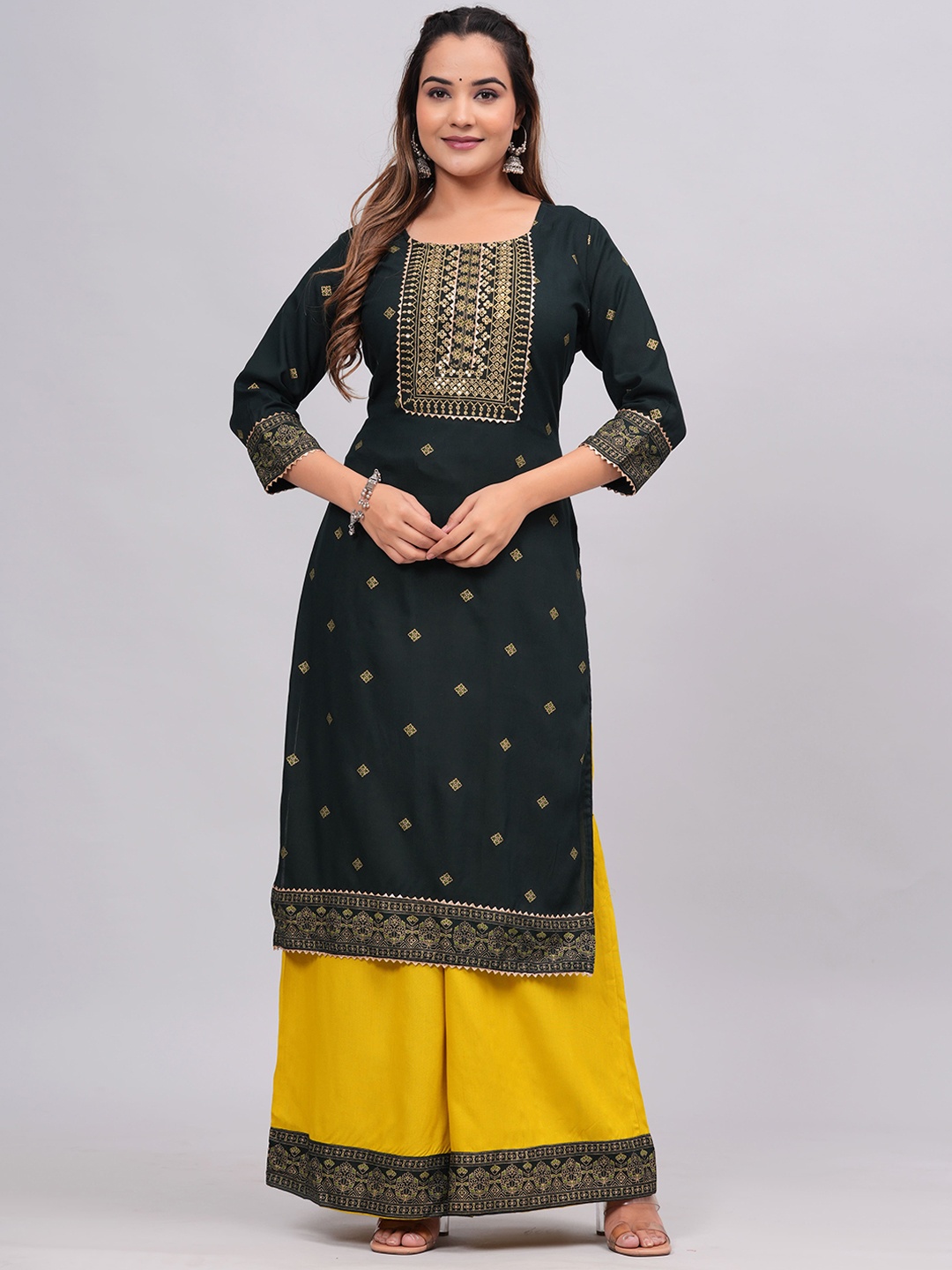 

KALINI Ethnic Motifs Embroidered Regular Thread Work Kurta With Palazzos & Dupatta, Olive