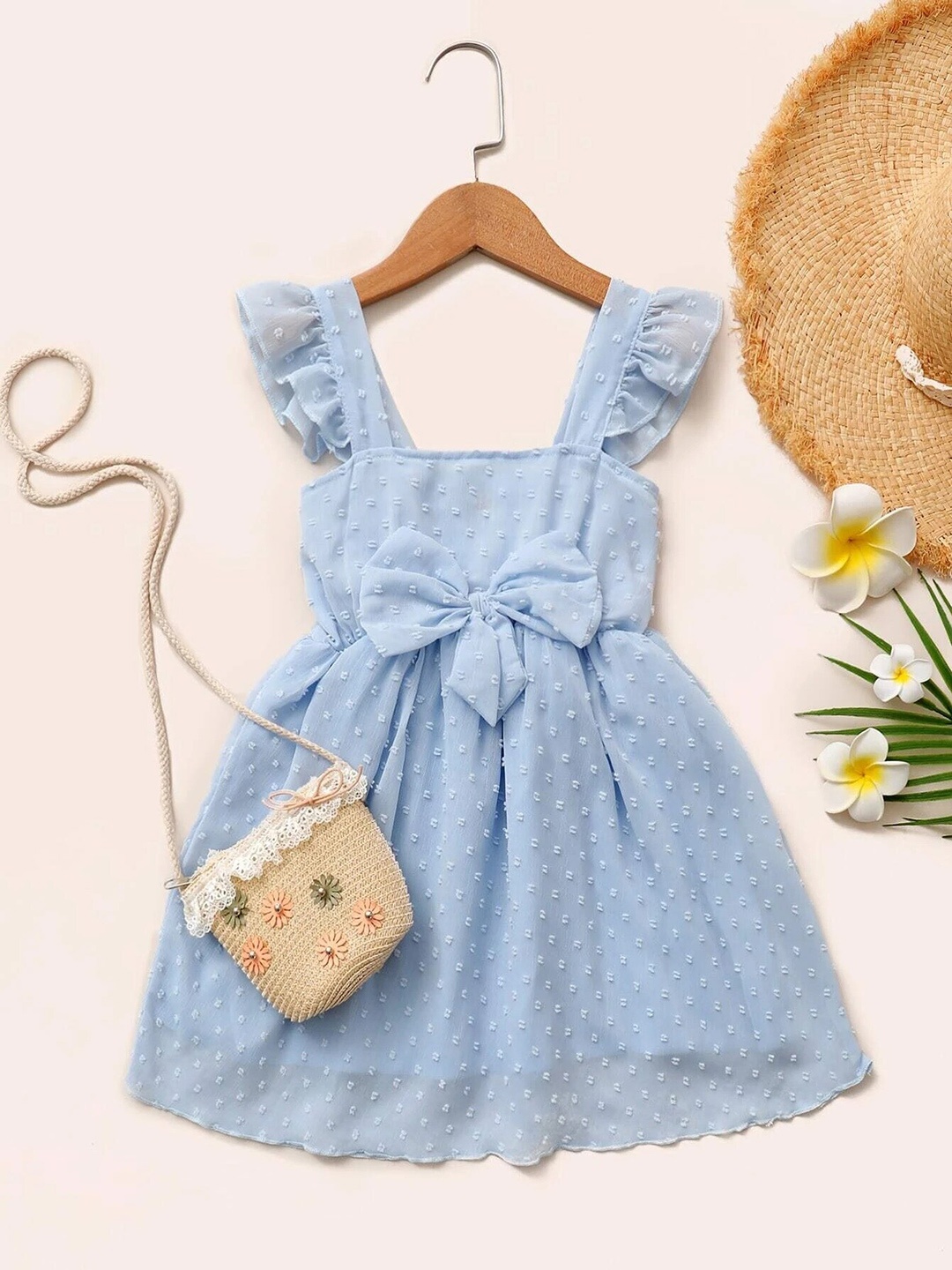 

BAESD Girls Square Neck Self Design Bow Detail Georgette Fit & Flare Dress, Blue