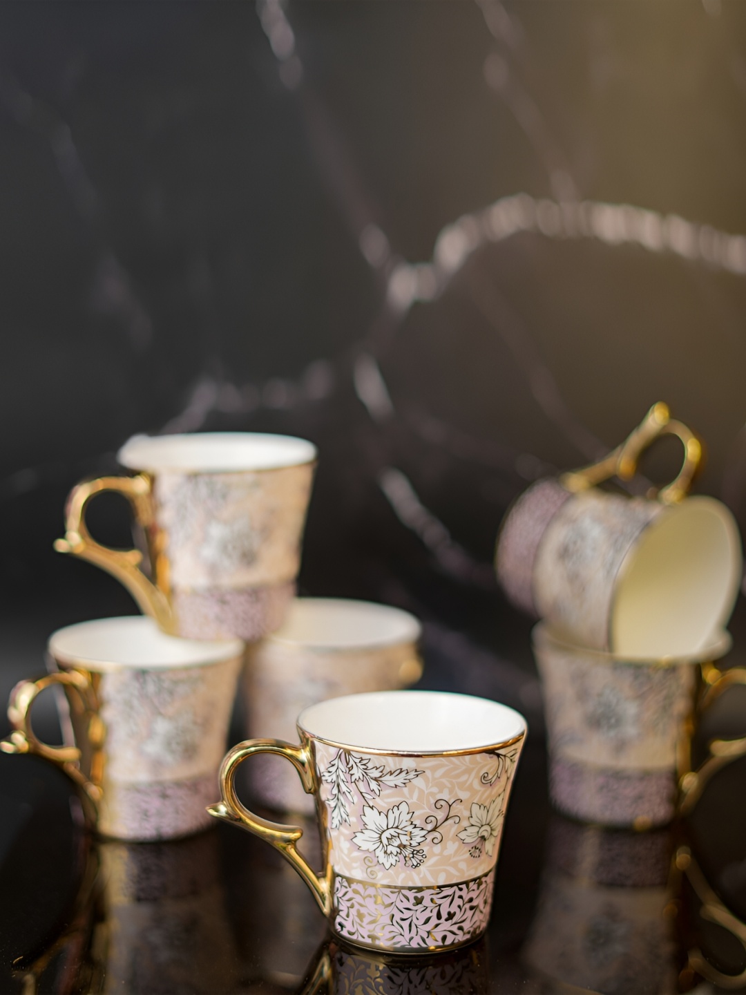 

Femora Gold-Toned & White 6 Pieces Ethnic Motifs Printed Ceramic Glossy Cups 180 ml Each