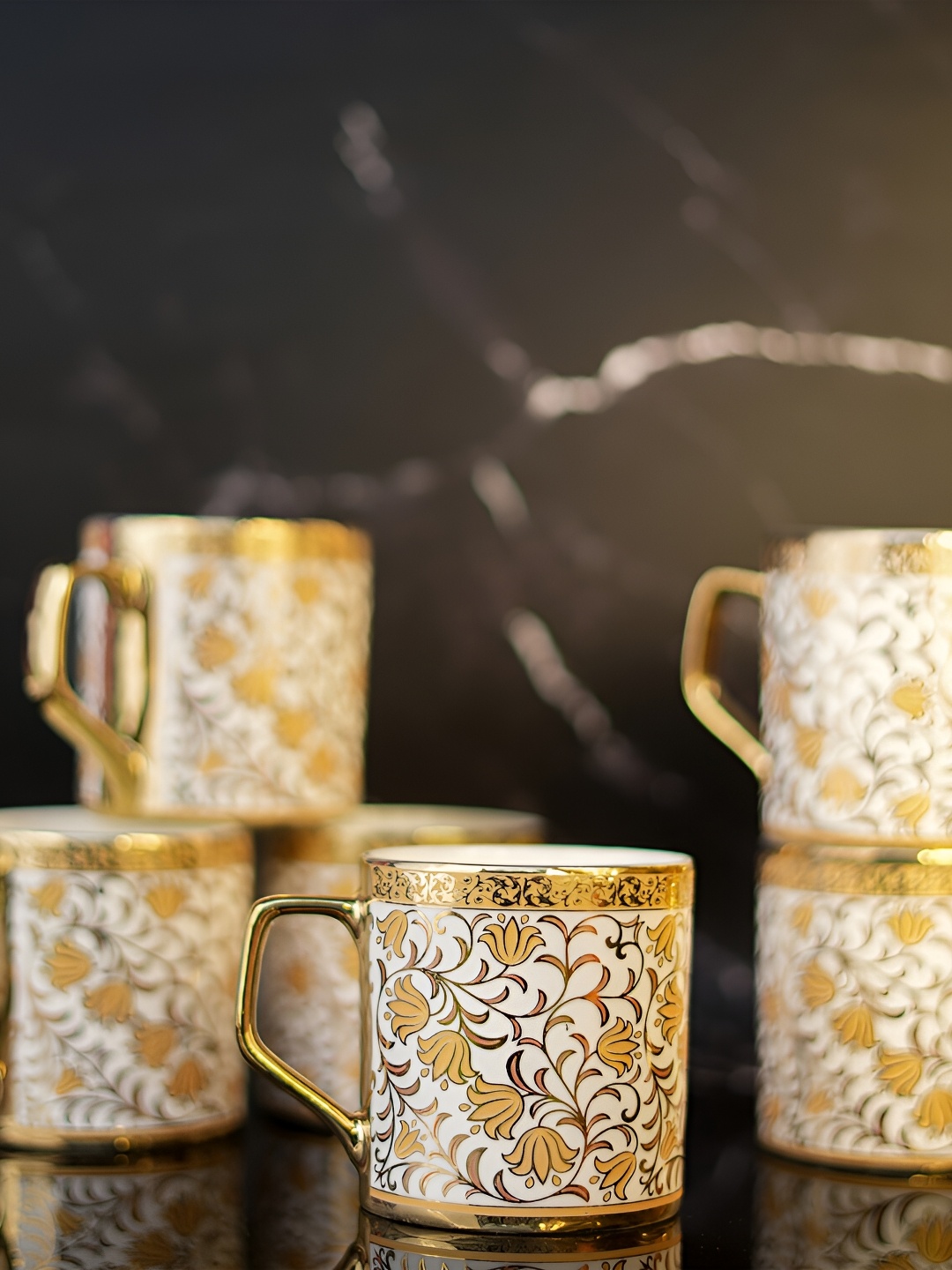 

Femora Gold-Toned & White 6 Pcs Ethnic Motifs Printed Ceramic Glossy Tea Cups 180 ml Each