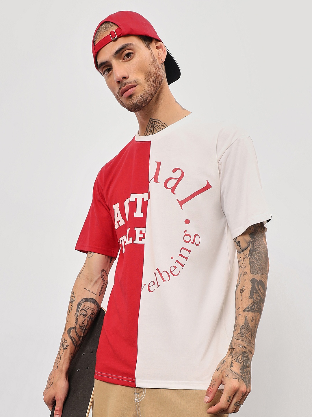 

Beyoung Typography Printed Cotton Round Neck Oversized Pockets Casual T-shirt, Red