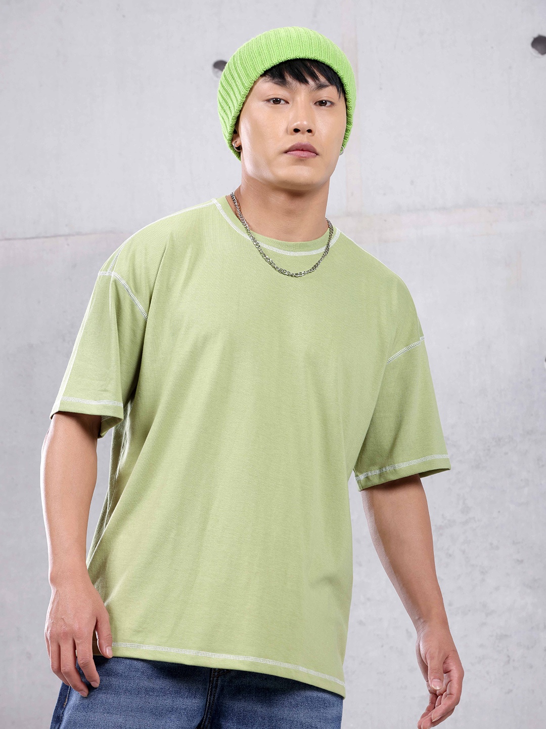 

Beyoung Cotton Round Neck Short Sleeves Oversized Applique T-shirt, Green