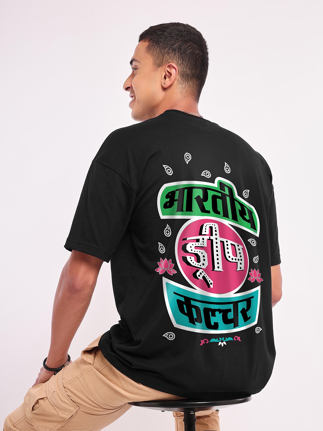 

Beyoung Typography Printed Cotton Round Neck Short Sleeves Pockets Oversized T-shirt, Black