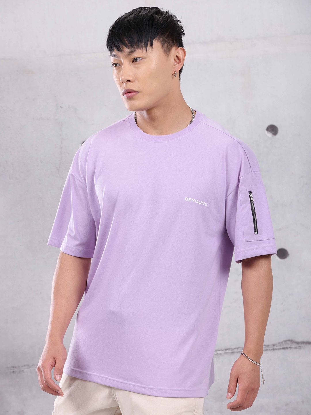 

Beyoung Cotton Round Neck Short Sleeves Oversized Applique Casual T-shirt, Purple