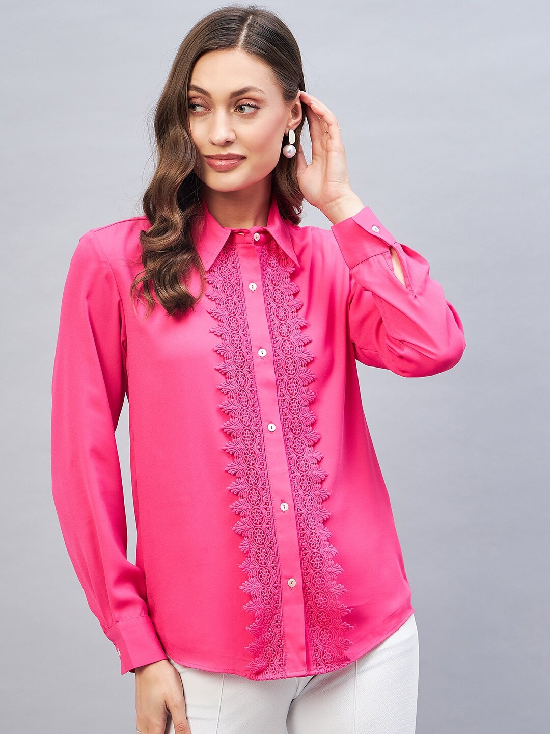 

DELAN Shirt Collar Cuffed Sleeves Lace Inserts Detailed Shirt Style Top, Pink
