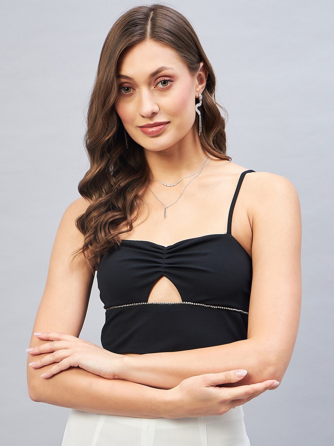 

DELAN Shoulder Strap Cut Out Bralette Crop Top, Black