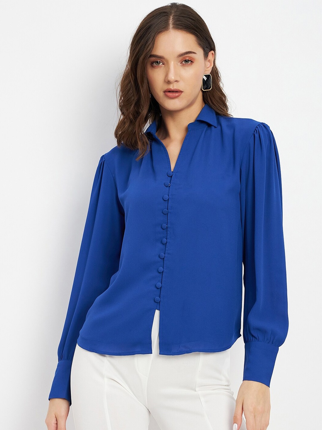 

DELAN Shirt Collar Cuffed Sleeves Shirt Style Top, Blue