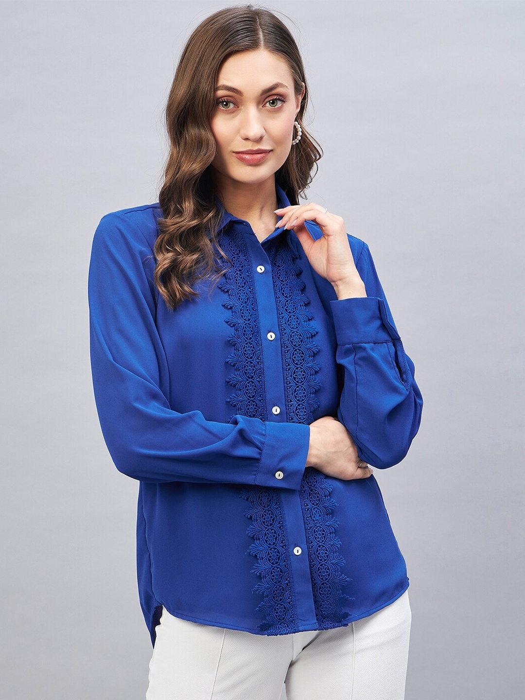 

DELAN Shirt Collar Cuffed Sleeves Lace Inserts Detailed Shirt Style Top, Blue