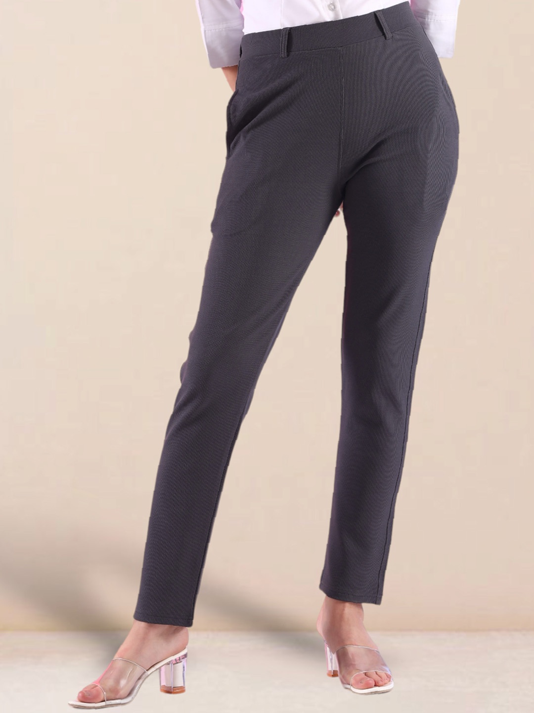 

FITHUB Women Slim Fit High-Rise Regular Trousers, Grey