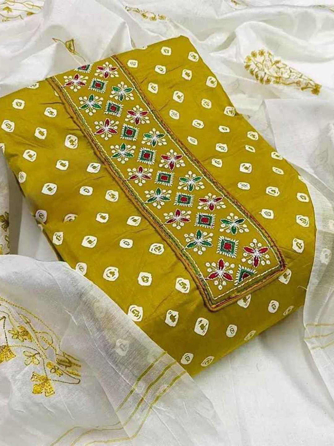 

faxofab Bandhani Printed Unstitched Dress Material, Yellow