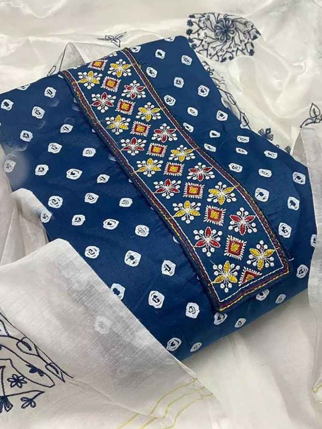 

faxofab Floral Printed Thread Work Unstitched Dress Material, Blue