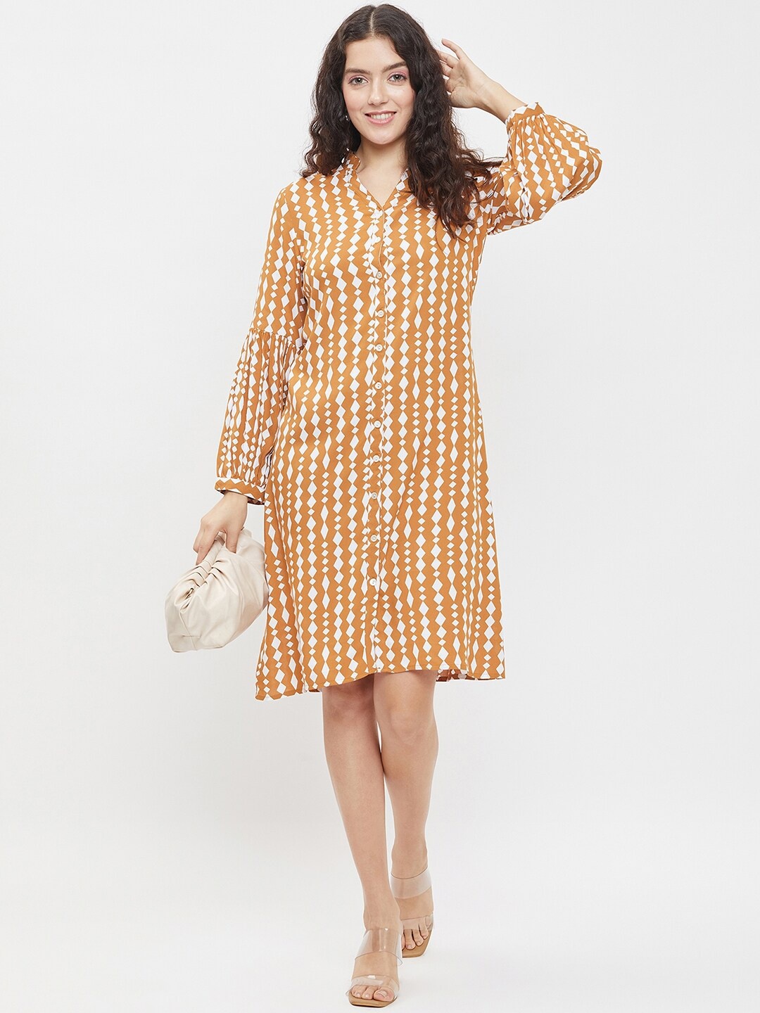 

Ruhaans Geometric Prineted Shirt Collar Flared Shirt Dress, Mustard