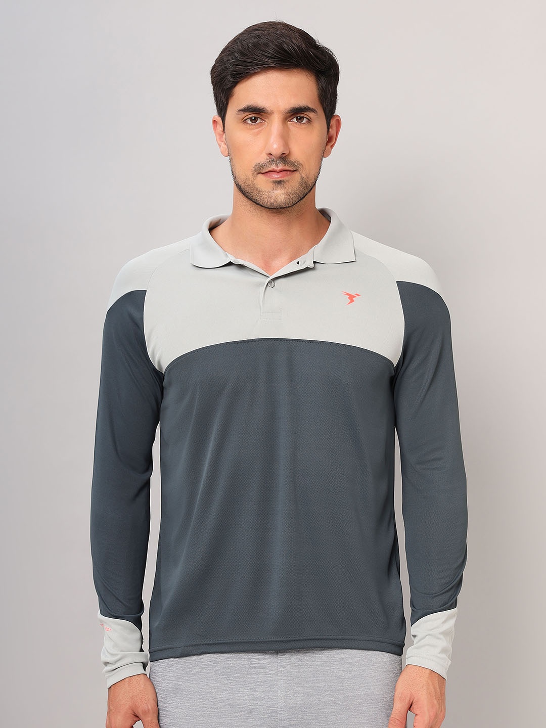 

Technosport Men Colourblocked Polo Collar Applique Slim Fit T-shirt, Charcoal