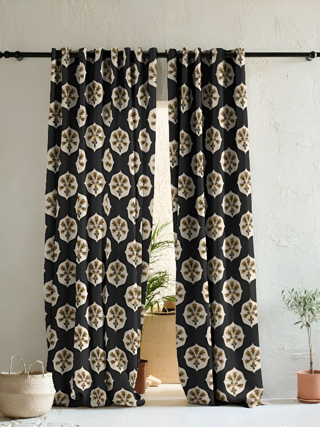 

SPACES Black & Cream-Coloured 2 Pieces Floral Room Darkening Long Door Curtains