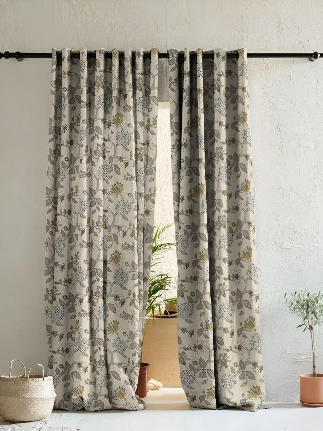 

SPACES Beige & White 2 Pieces Floral Heavy Satin Room Darkening Door Curtains